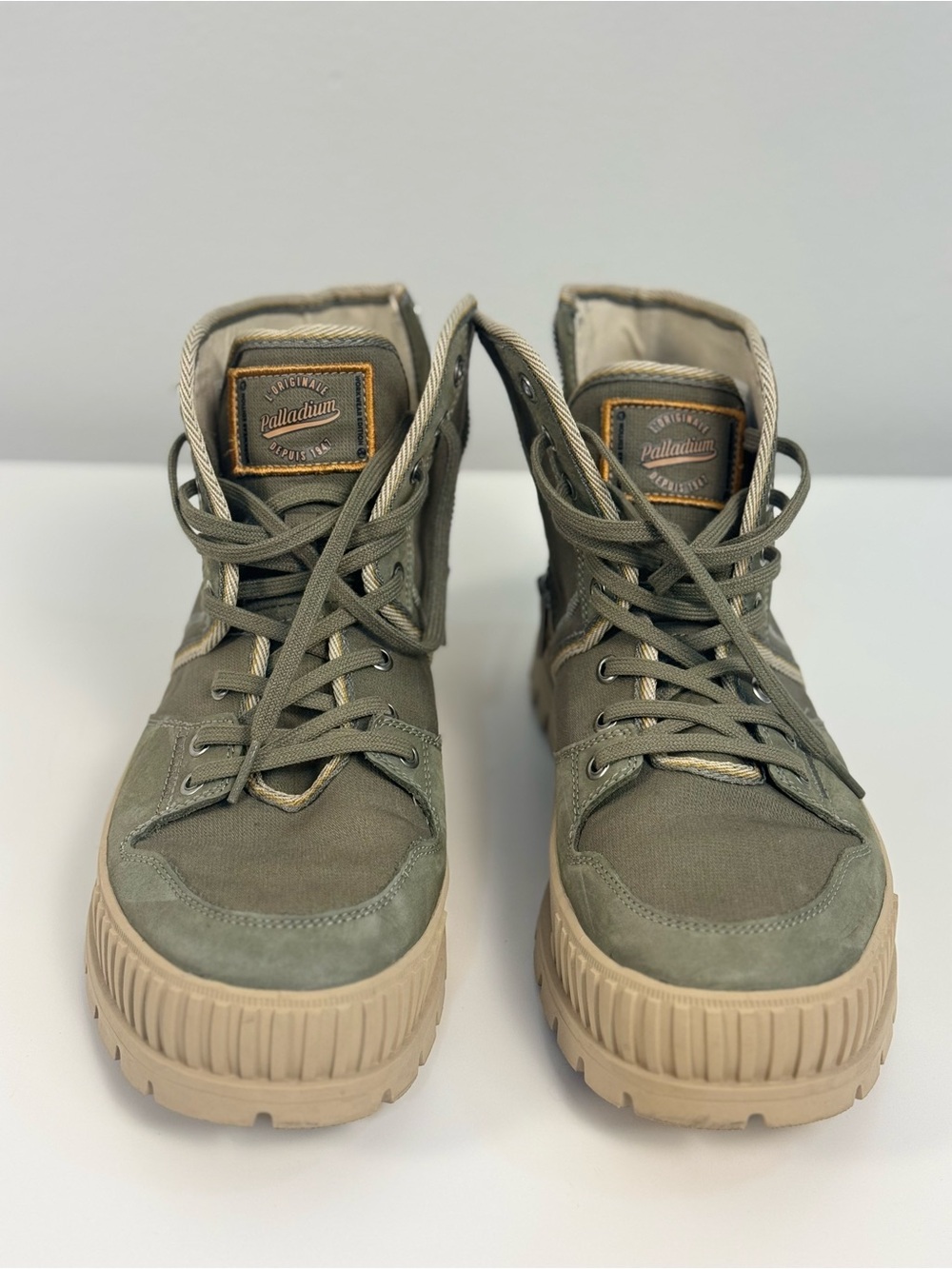 Palladium High-Top Canvas Boots in Olive Green and Tan